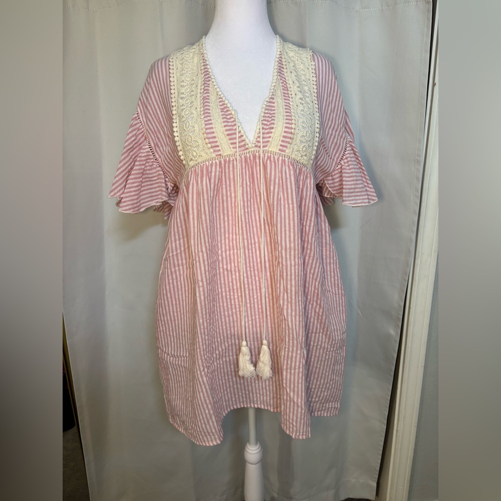 GIGIO Pink Stripe 100% Cotton Dress Lace Trim Boho Cottagecore Babydoll - Picture 2 of 7